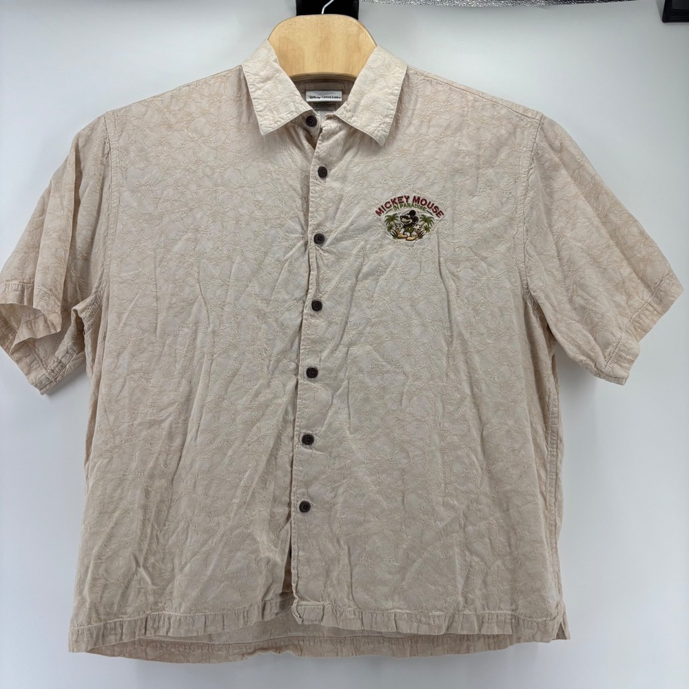 Disney Cruise Line Button Up Shirt Mens XL Tan Mickey Mouse Paradise Vacation